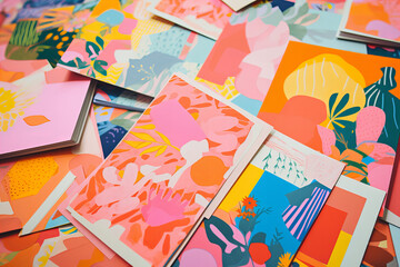 photo of paper sheets flat lay with geometric and floral risograph prints, vibrant, neon colors, modern background.
