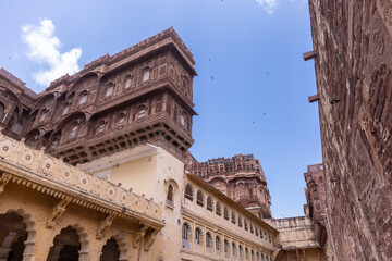 Architecture view of Mehrangarh Fort with Jodhpur city scape during a daytime. A UNESCO World heritage site in jodhpur.