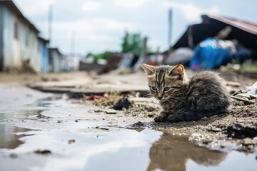 Unhappy lonely dirty homeless kitten sitting outdoor. Problem of homeless rejected animals. Animal without home. Human care, protecting and animal shelter concept - Powered by Adobe