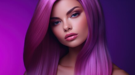 Fototapeta premium Portrait of a beautiful girl with pink hairs, blue eyes and purple background