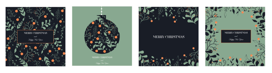 Set of 4 holiday banners and posters. Happy New Year and Merry Christmas. Chinese holiday.  Background. Decoration and celebrate. Vector illustration. Flat. Flowers and berries. William Maurice style