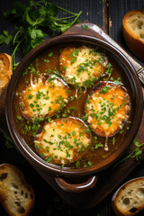 Onion soup on wooden table. French gastronomy