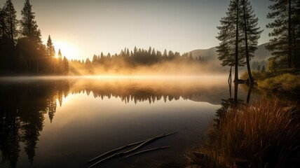 A serene mountain lake at sunrise, with mist rising from the calm water's surface