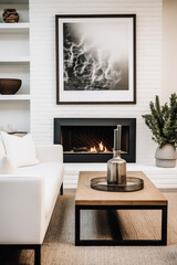 Frame Mockup | Livingroom | Framed artwork | Interior Design Photography | Cozy Fireplace | White and black Modern Décor | 