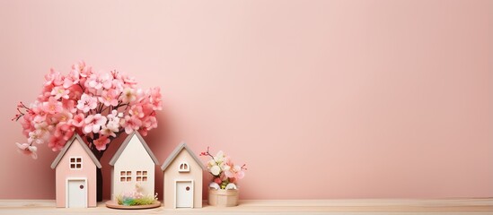 Wooden house models and bouquets symbolizing a blissful family idea - obrazy, fototapety, plakaty