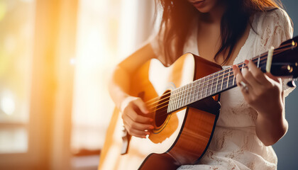 Woman playing guitar at home, March 8 World Women's Day - obrazy, fototapety, plakaty