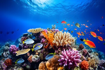 Fototapeta na wymiar A coral reef teeming with colorful marine life under clear blue waters.