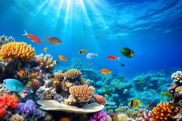 A coral reef teeming with colorful marine life under clear blue waters.