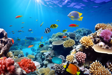 Naklejka na ściany i meble A coral reef teeming with colorful marine life under clear blue waters.