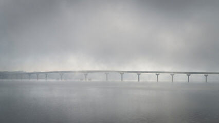 Natchez National Parkway - bridge over Tennessee River from Tennessee to Alabama, foggy November sunrise