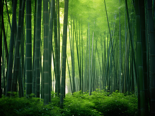 A dense bamboo forest with sunlight streaming through the tall stalks.