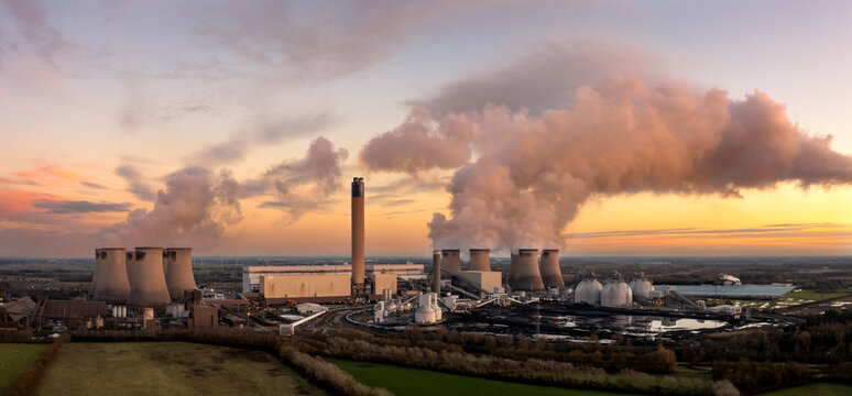 Aerial landscape panorama of coal Power Station at sunset