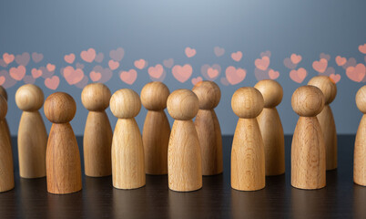 Crowd of people with hearts above their heads, concept with figures. Likes and shares. Followers...