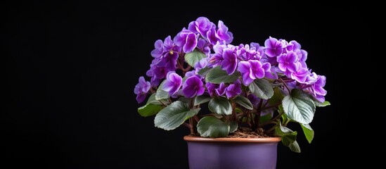 African violets in mini pots with selective focus set against a dark backdrop