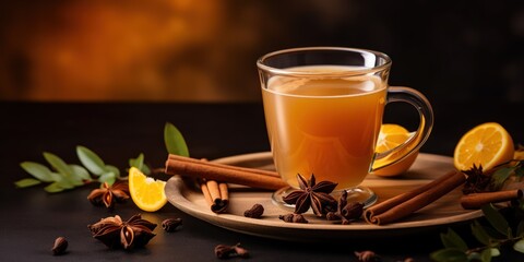 A cozy cup of cinnamon tea with cinnamon sticks and powder beside it. - obrazy, fototapety, plakaty