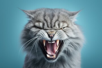 Evil cat looks maliciously, incredulously on teal blue background. Ferocious cat hisses with open mouth, shows teeth. Crazy tabby pet crying