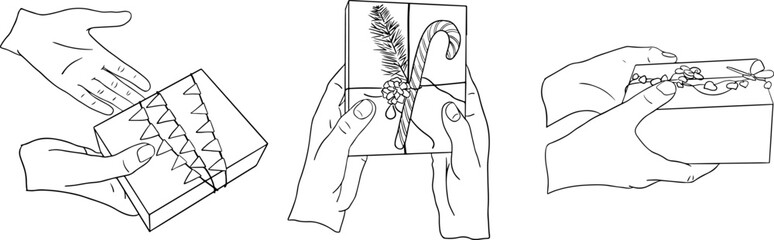 Outline hand drawn doodle set with hand s and gifts. Teenager hands giving present on holiday. Christmas, Valentines, birthday concept compositions. Perfect for tattoo, sticker, decoration, printout