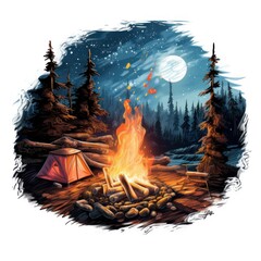 Cozy Campfire under Starlit Sky on White Background
