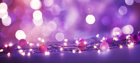 Christmas holiday decoration and illumination concept. Garland bokeh lights over purple background.