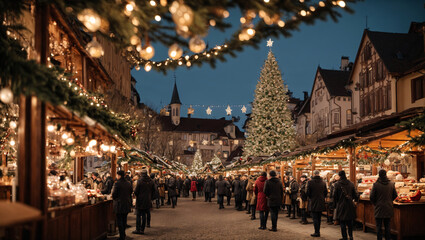 Beautiful and romantic Christmas markets, evening environment, lanscape view, warm lights - obrazy, fototapety, plakaty
