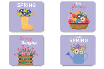  Collection Spring card, sale, template, poster, postcard, label, banner design set. Bouquets of flowers in a watering can, basket, envelope, box, boot. Seasonal symbols.
