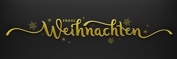 Obraz premium 3D render of FROHE WEIHNACHTEN (HAPPY CHRISTMAS in German) metallic gold brush calligraphy banner with snowflakes