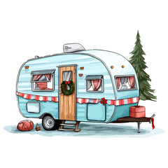 Christmas Camper with Christmas Tree and Christmas Lights, Christmas camping, Trailer decor for Christmas.