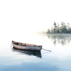Calm Lake with Rowboat on White Background