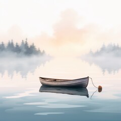 Calm Lake with Rowboat on White Background