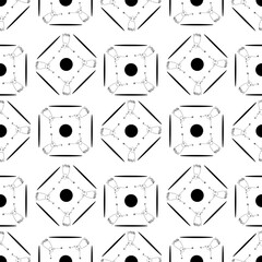 Seamless pattern of black and white geometric shapes on a white background with dancing monsters inside each one