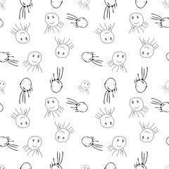 Seamless pattern with cute cartoon monsters. Black and white vector illustration.