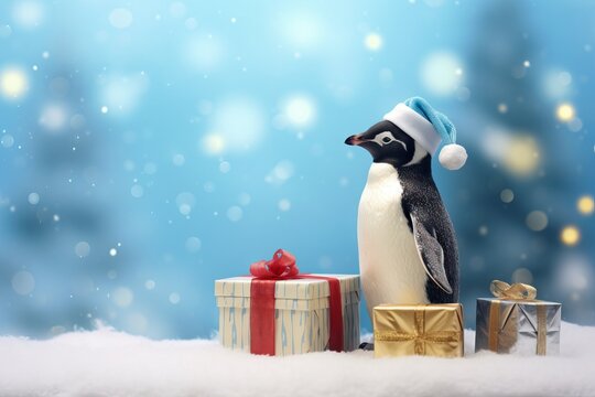 Little penguin with present box on blurred blue snowy background with copy space. Cute cartoon character. Christmas and New Year greeting card. Winter holidays template for design banner and postcard