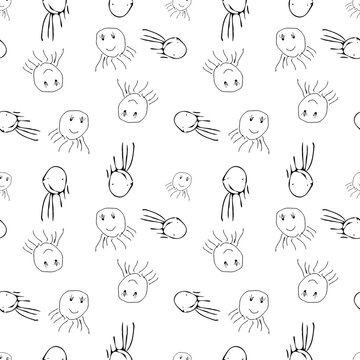 Seamless pattern with cute cartoon monsters. Black and white vector illustration.