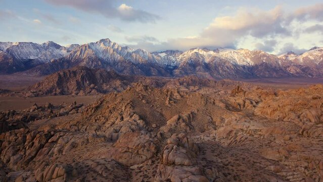 Timelapse Aerial Panning Remote And Snowcapped Mountains - Alabama Hills, California