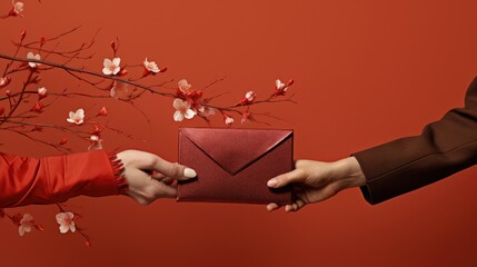 Two people opening red envelope. Chinese new year celebration - obrazy, fototapety, plakaty