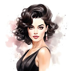 Fototapeta premium Dark Hair Glam Girl Watercolor Clipart