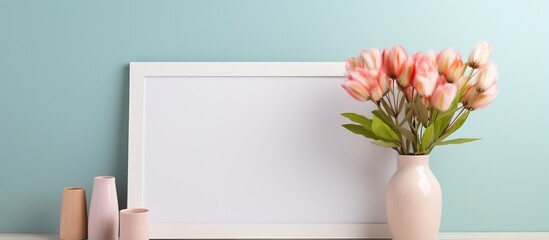 White framed product mock up with space for text and colorful summer backdrop featuring a white vase