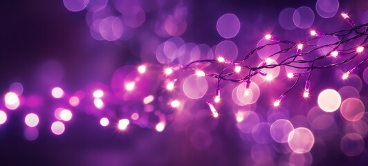 Christmas holiday decoration and illumination concept. Garland bokeh lights over purple background.