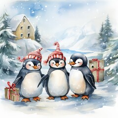 Obraz premium Friendly Penguins Celebrating the Holiday Season