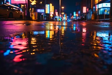 Fototapeta na wymiar Neon lights reflected in puddles of water, a metropolitan street illuminated by multiple colors at night. Bokeh lighting with a blurred abstract night background