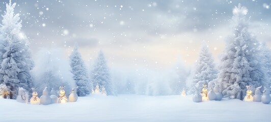 Merry Christmas and Happy New Year wide screen background, Christmas Tree with lights and snow.