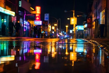 Obraz premium Neon lights reflected in puddles of water, a metropolitan street illuminated by multiple colors at night. Bokeh lighting with a blurred abstract night background