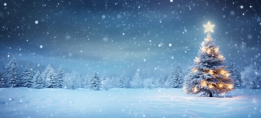 Merry Christmas and Happy New Year wide screen background, Christmas Tree with lights and snow.