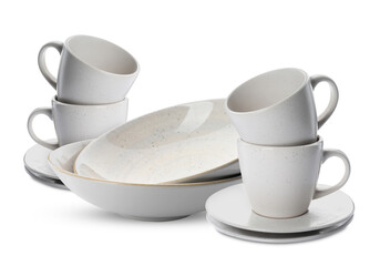 Clean bowls, cups and saucers on white background