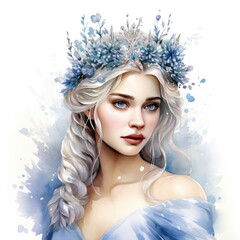 Snow Queen with Stunning Crown in Captivating Watercolor Clipart