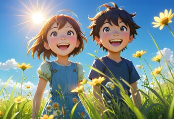 Happy little children in a blooming meadow - 686248983