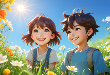 Happy little children in a blooming meadow - 686248986