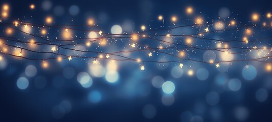 Christmas holiday and Happy New Year decoration and illumination concept. Garland bokeh lights over blue background.