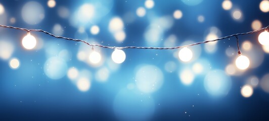 Christmas holiday and Happy New Year decoration and illumination concept. Garland bokeh lights over blue background.