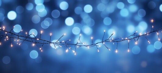 Christmas holiday and Happy New Year decoration and illumination concept. Garland bokeh lights over blue background.